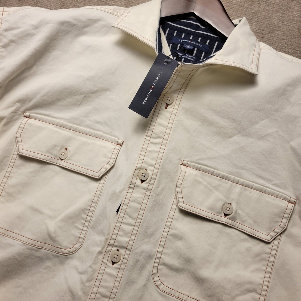 Tommy Hilfiger Button Down Mens XL Cream Off-White Casual Fit Stretch Shirt